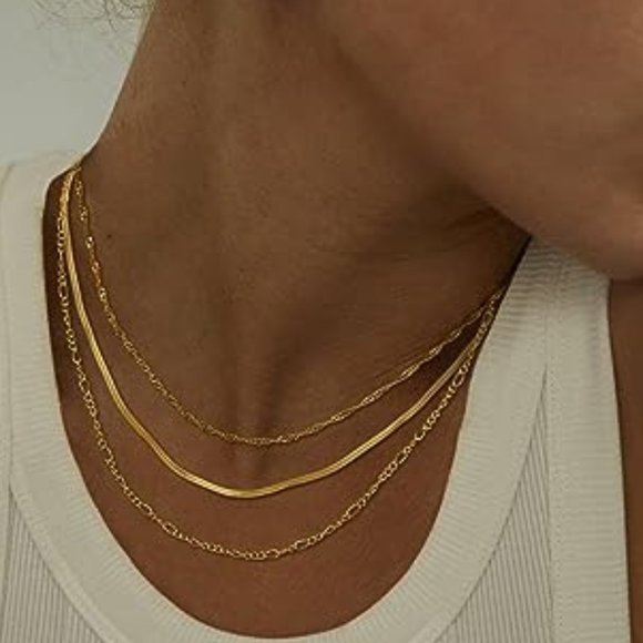 14k Gold Herringbone Necklace Set Layered Chain Choker Delicate Dainty Jewelry - Picture 5 of 7